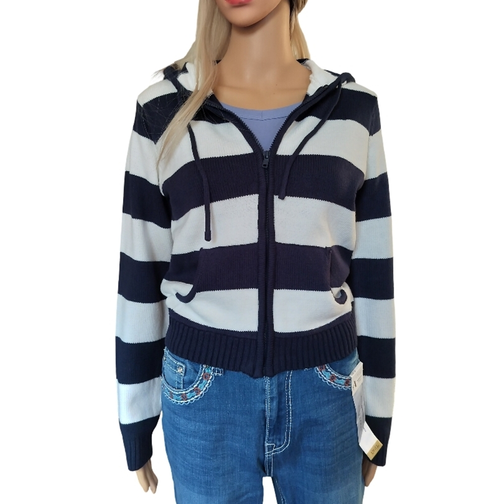 Pink Rose Navy and White Striped Hoodie Size M NWT